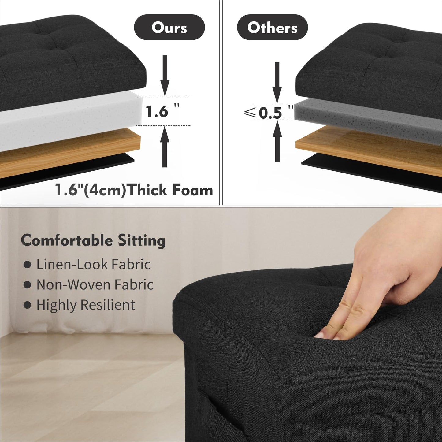 FaiPue Storage Ottoman Foot Rest with Thicker Foam Padded Seat. Small Bench with Storage. 350 lbs Linen Folding Footstool Bench for Living Room, Bedroom, Home Office. 17x13x13in, Gray Black