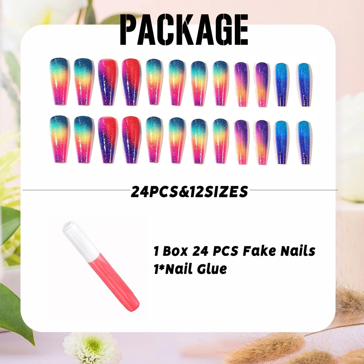 IMSOHOT Long Press on Nails Colorful Coffin Fake Nails Rainbow Ombre Glossy Glue on Nails Full Cover Cute Ballerina Acrylic False Nails for Women 24Pcs