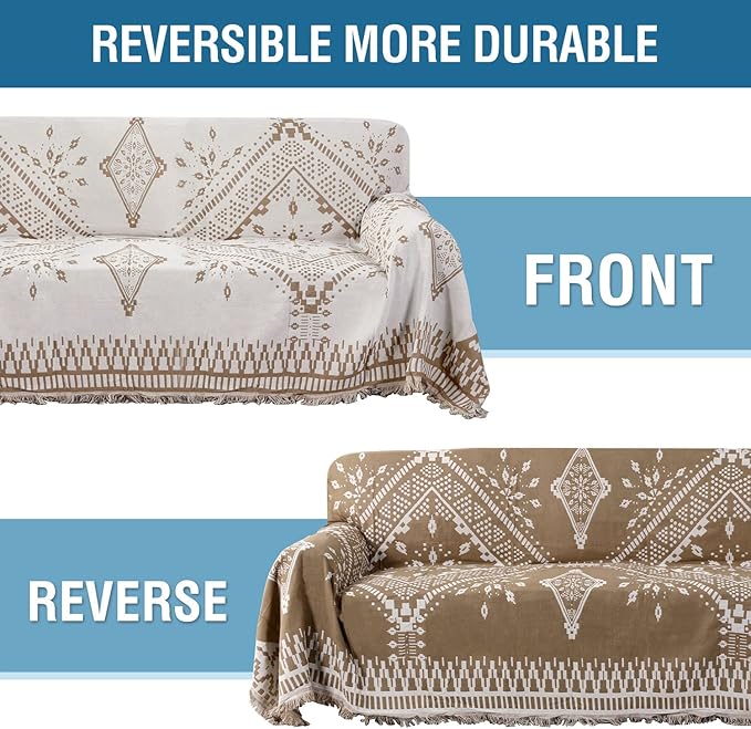 H.VERSAILTEX Reversible Sofa Cover Couch Cover for Dog Sofa Slipcover for Most Shape Sofa Furniture Protector with Tassels Sectional Couch Cover (XX-Large: 91" x 134", Sand/White)