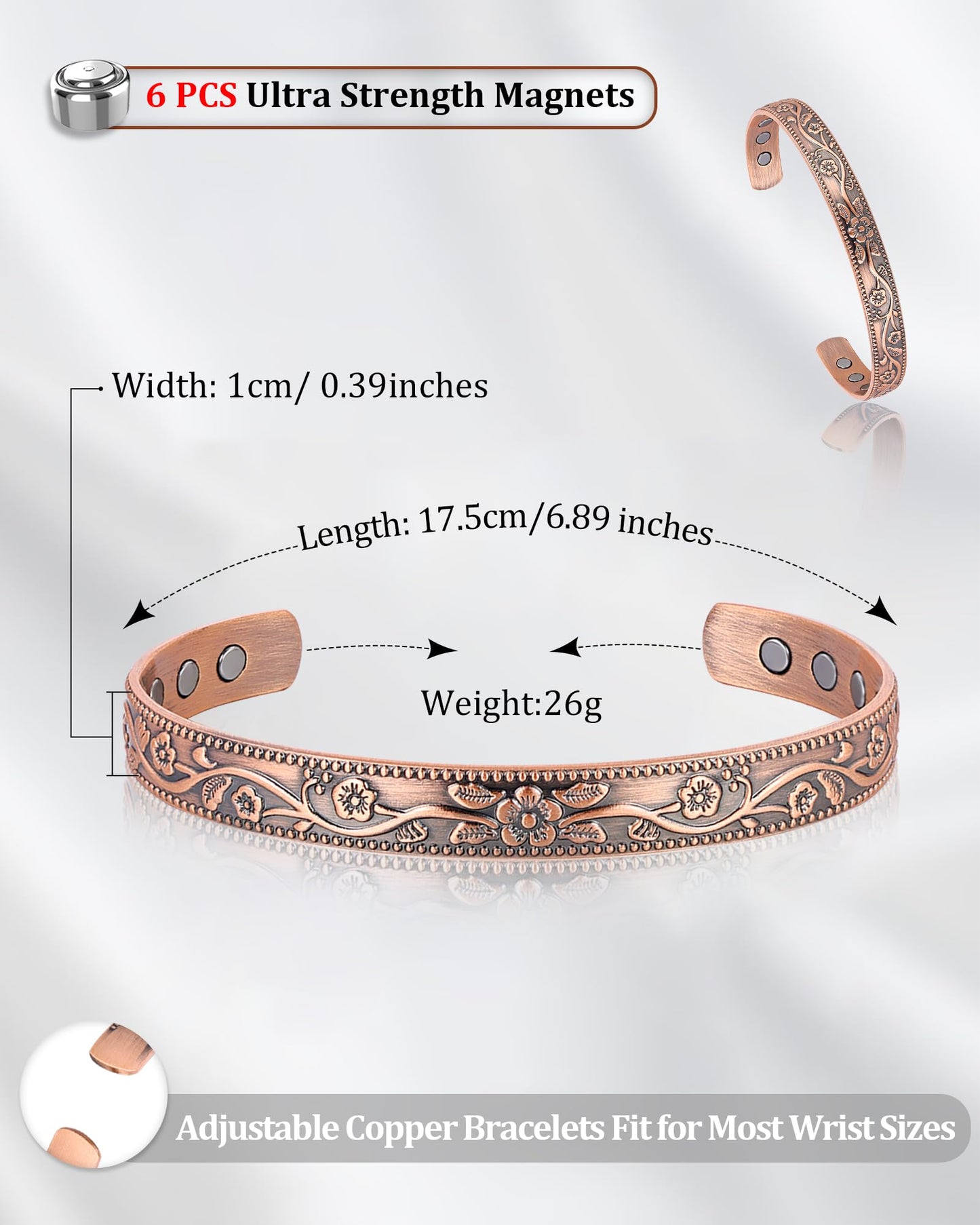BioMag Copper Bracelet & Ring for Women, 99.99% Pure Copper Magnetic Bracelet Lymphatic Drainage Rings with 3500 Gauss Magnets, Adjustable & Flower Pattern (Copper-C-2PCS)