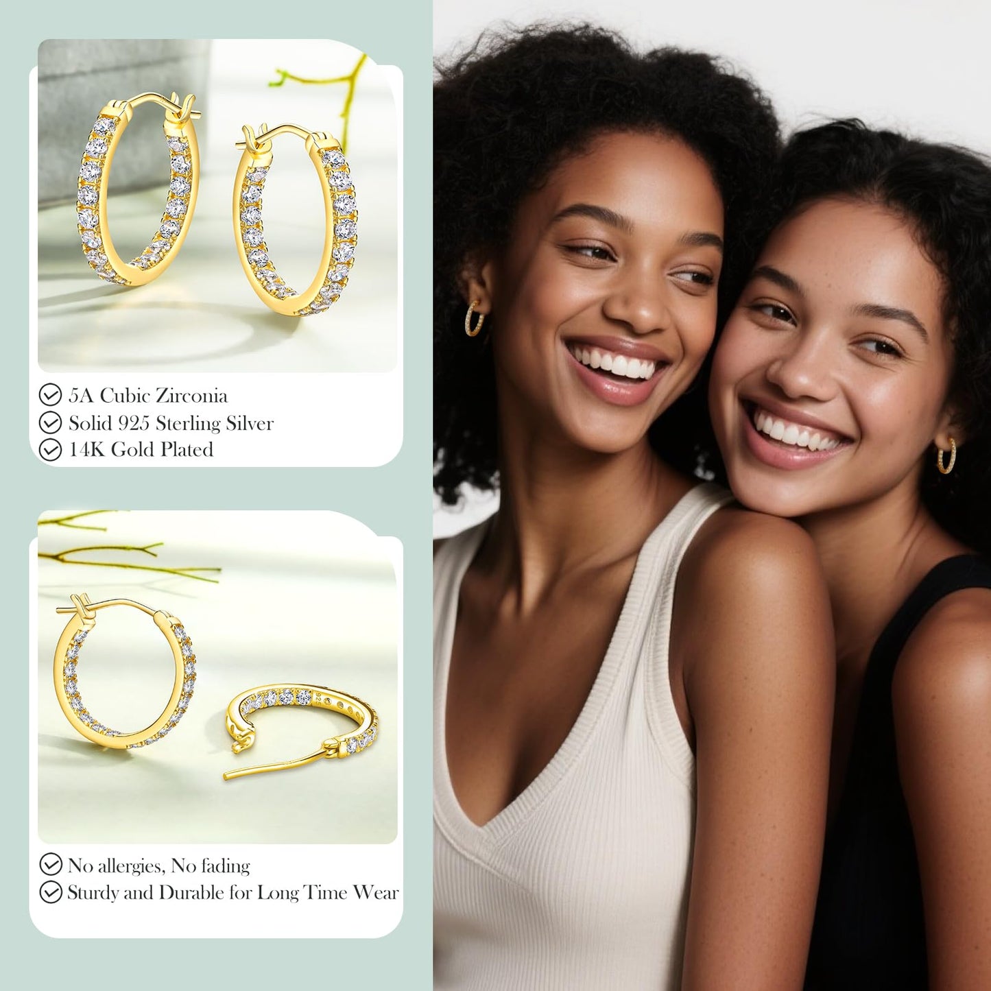 14K Gold Plated Hoop Earrings for Sensitive Ears Women Big Cubic Zirconia Hoops Large Round Earrings Hypoallergenic