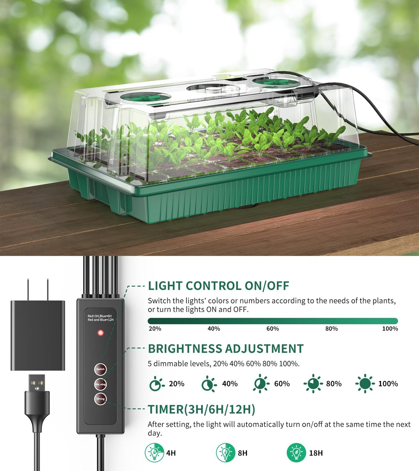 YJXFON Seed Starter Tray, 80-Cells Seedling Starter Trays with Grow Light and Humidity Dome, Reusable Seed Germination Kit for Indoor Gardening Seed Starting (2 Pack, Green Base)