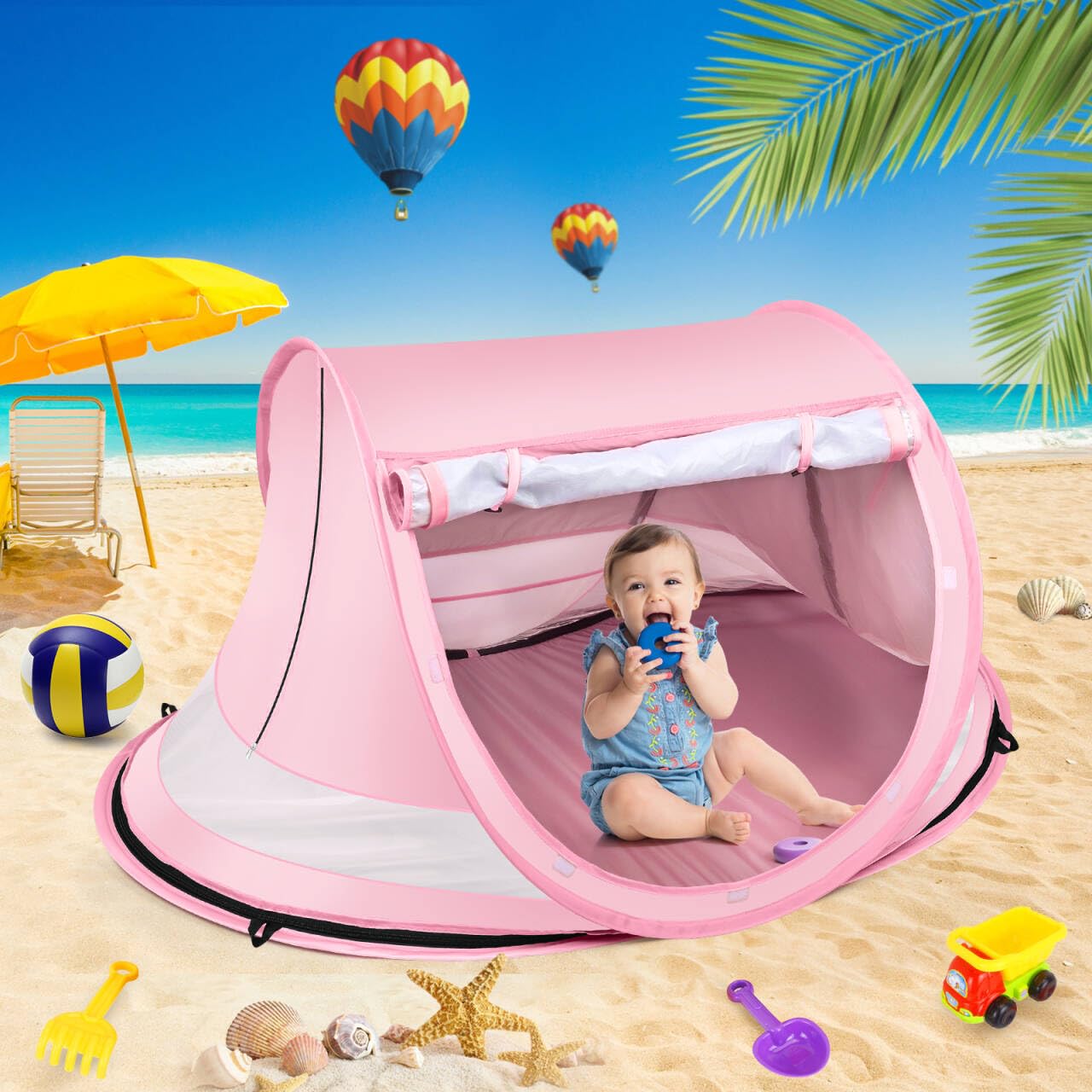 Baby Beach Tent, Large Pop Up Beach Tent Sun Shade with Mosquito Net, UPF 50+ UV Protection Sun Shelter (Pink)