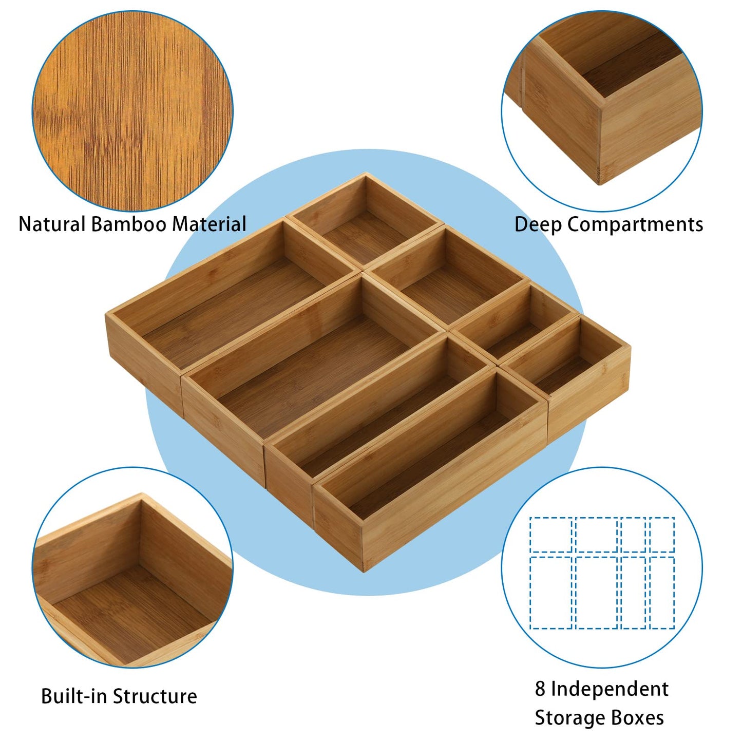 Lawei 8 Pieces Bamboo Drawer Organizer Boxes, Stackable Drawer Organizer Storage Tray 4-Size, Versatile Dividers Cutlery Holders Bins Containers for Kitchen, Bathroom, Office Desk, Makeup, Jewelry