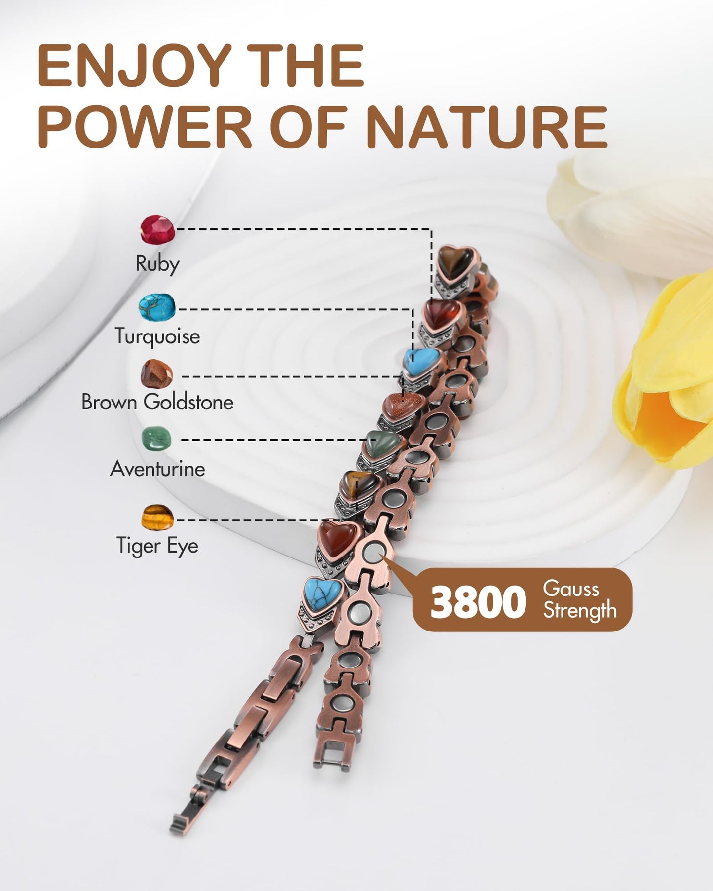 Feraco Copper Ankle Bracelet for Women, 99.99% Pure Copper Magnetic Anklet with 3800 Gauss Neodymium Magnet & Natural Stones, Adjustable with Sizing Tool