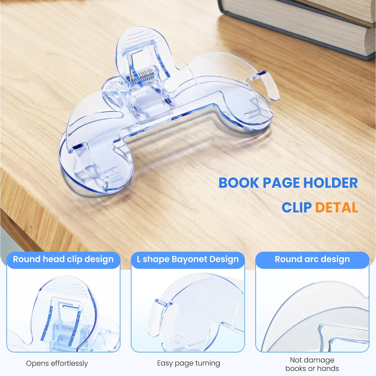 Transparent Book Page Holder for Reading: Large Book Clips to Hold Book Open - Page Holder Clip for Fixing Music Book, Page Marker for Teaching, Cooking (Light Blue)