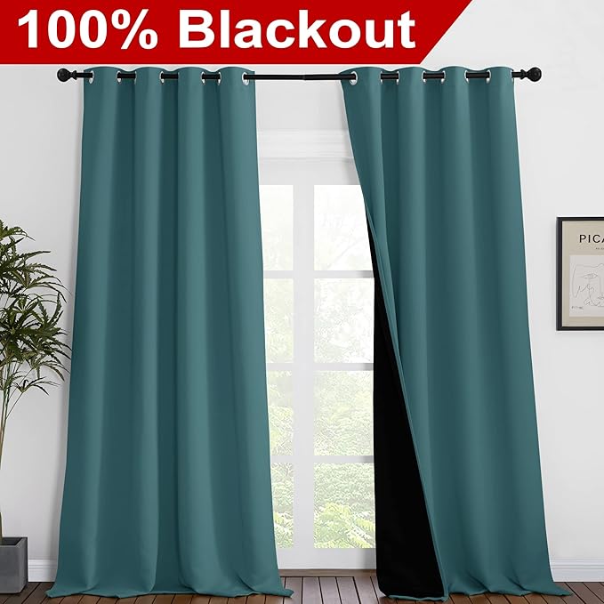 NICETOWN 100% Blackout Curtains 102 inches Long, Noise Reduction Window Treatment Curtains, Thermal Insulated Energy Smart Drapes and Draperies for Apartment Decor, Sea Teal, Set of 2, 55 inches W