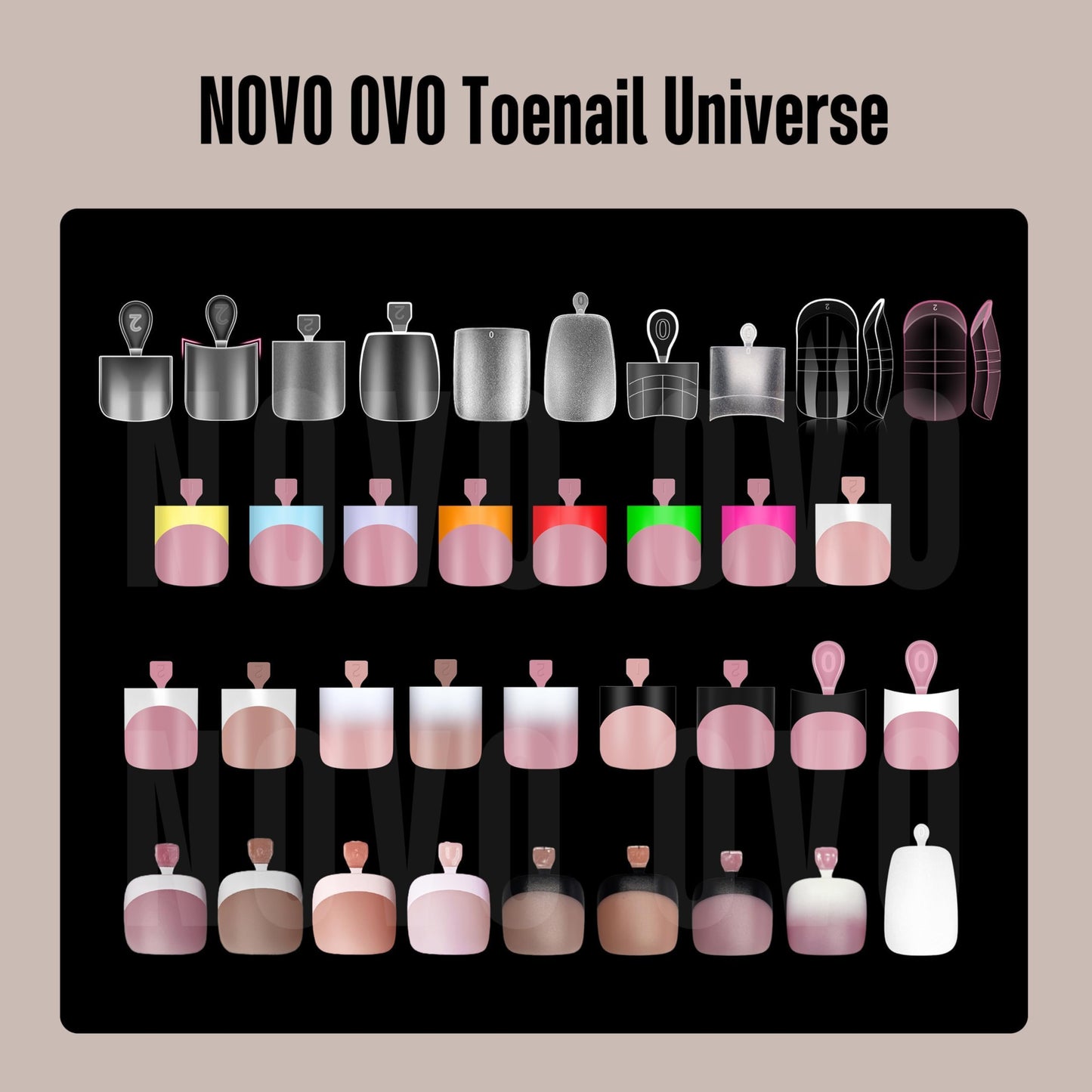 NOVO OVO Fake Toe Nail Tips Press on, French Tip Soft Gel Toenail Extension, BROWN PINK Square Round Pre-applied Tip Primer & Base Coat, Full Cover Matte False Nails for DIY x 15 Sizes 360Pcs