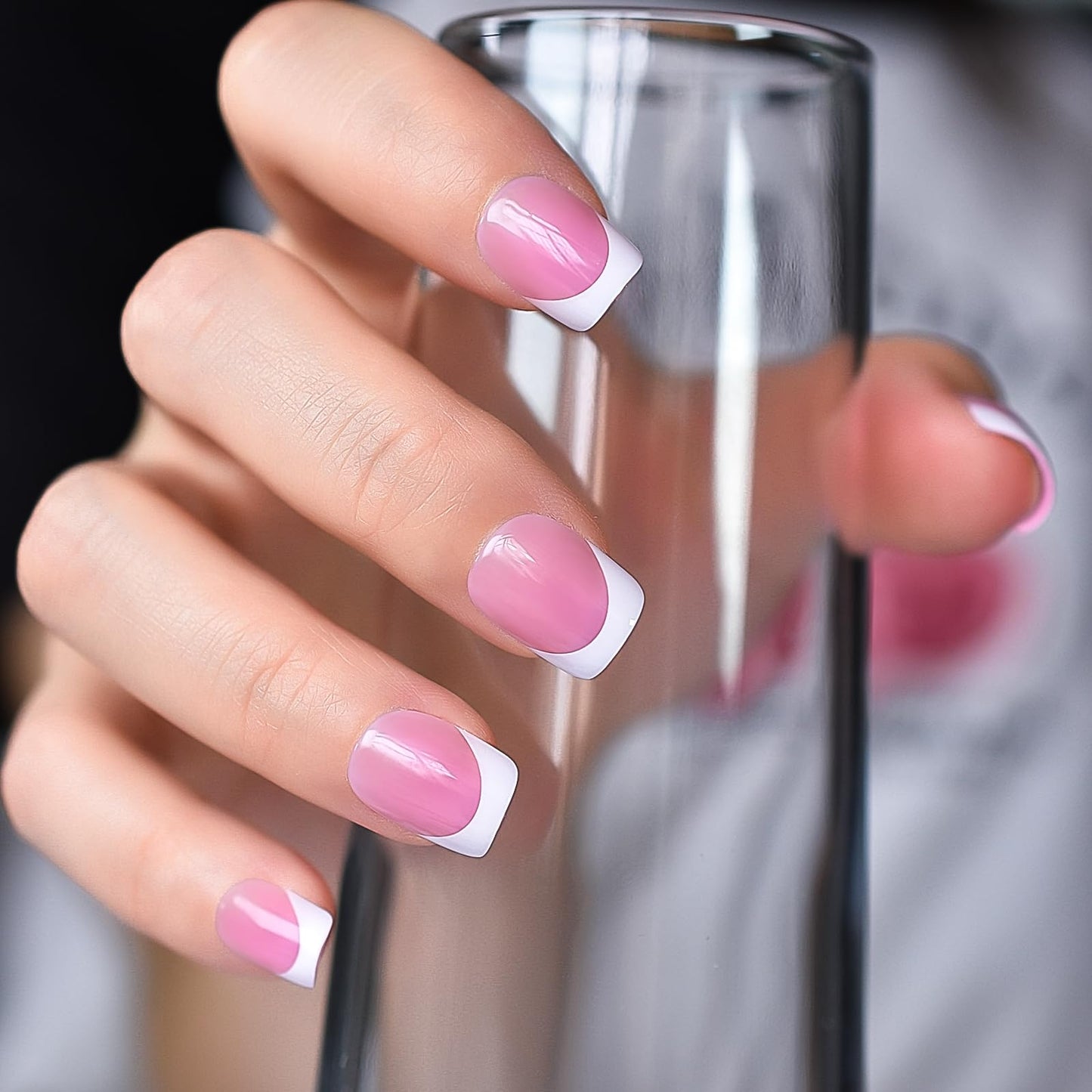 Pink White French Press On Nails Short - IKISKT Acrylic False Nails, Glue On Nail with Glue Sticker,Fit Perfectly & Natural Stick On - 24PCS UV Gel Fake Nail Kit, Baby Pink French