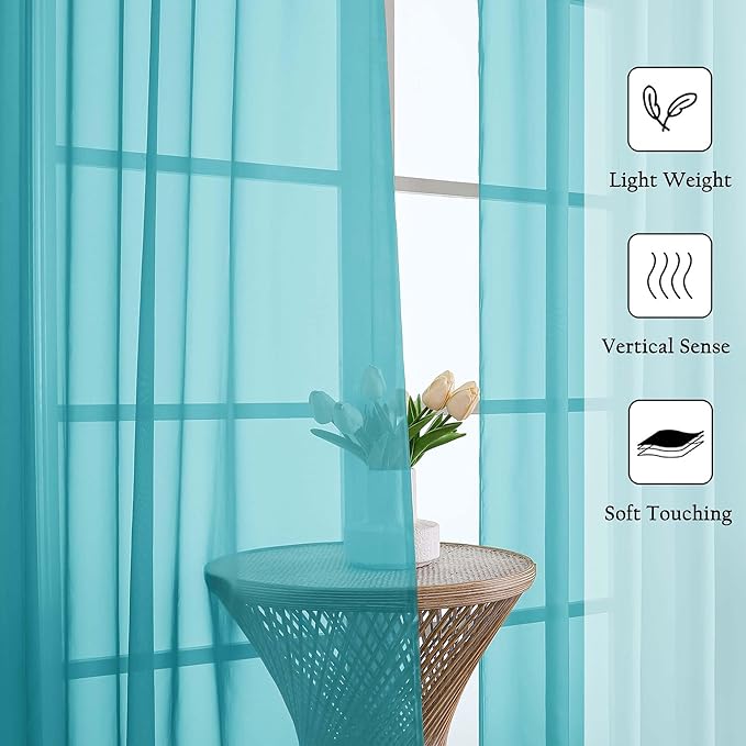 Lecloud Turquoise Sheer Curtains 96 Inches Long 2 Pcs, Light Filtering Window Curtains for Living Room Bedroom Dining Room, Vintage Home Decor Rod Pockets Privacy Drapes, Each Panel 59" W x 96" L