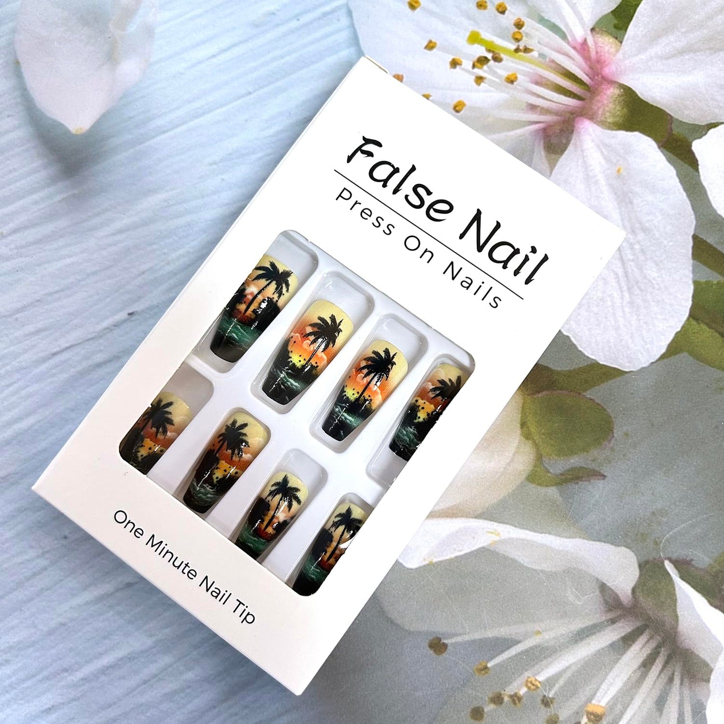 CJDLTS Coconut Tree Sunset Press on Nails Medium Ballet Shaped Waves Pattern Design Summer Beach Acrylic False Nail Full Cover Glossy Press Ons Stick on Nail DIY Glue on Nails for Women 24Pcs