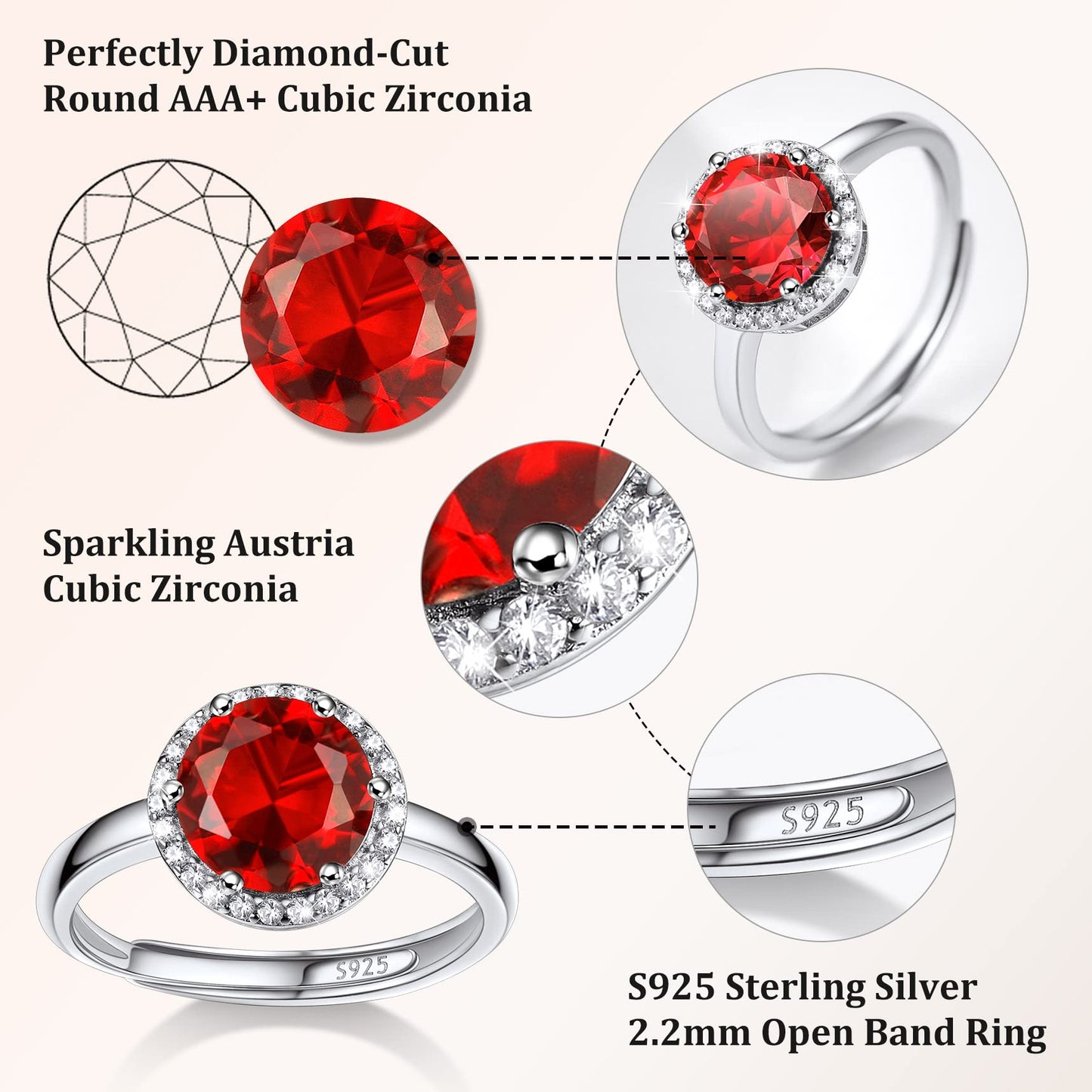 Bestyle 925 Sterling Silver Love Round Cut Gemstone Shiny Cubic Zirconia Rings, Brilliant Created July Ruby CZ Birthstone Rings for Women, Promise/Statement Ring Great Jewelry Gift