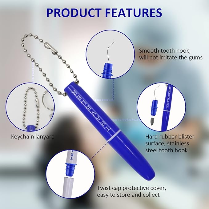 Portable Travel Toothpick Dental Tool, Stainless Steel Toothpick and Emery Stain Eraser, Metal Toothpick, Teeth Cleaning Plaque Remover Stain Remover with Chain (2)