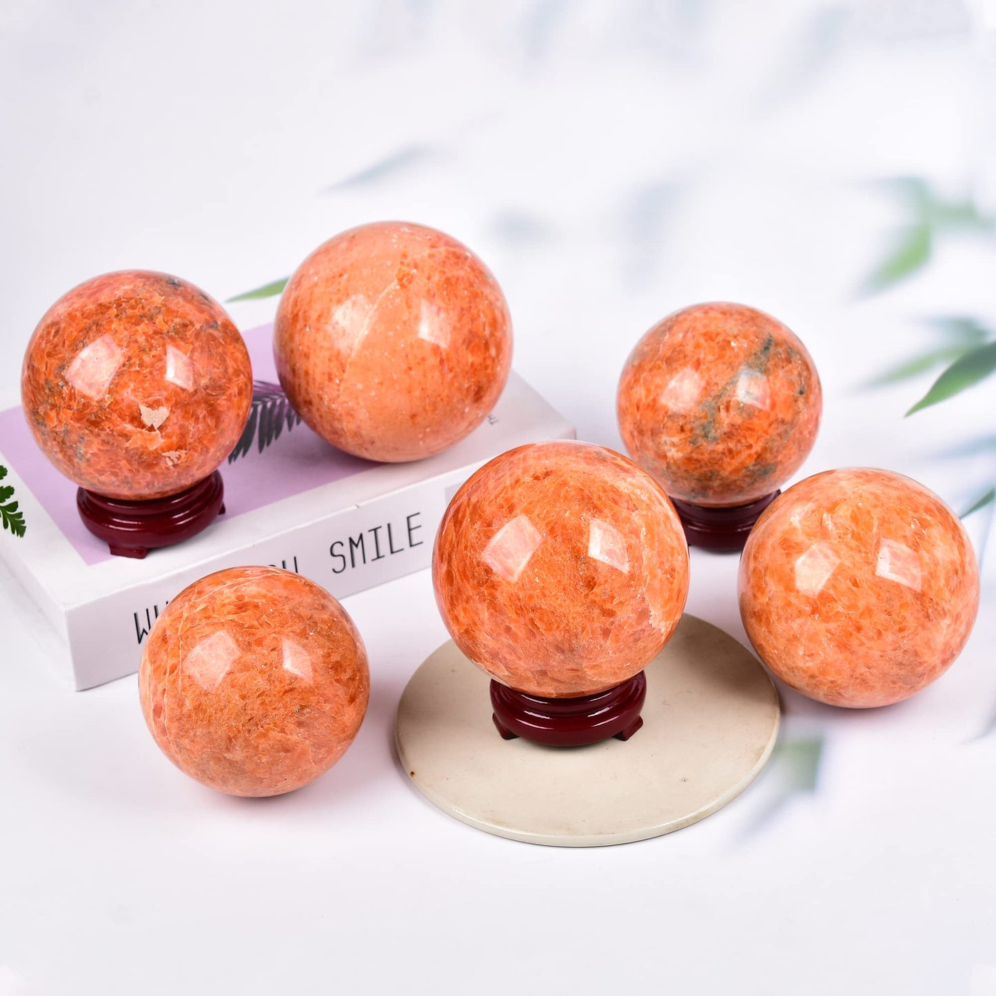 JIC Gem Sunstone Healing Crystals Sphere Ball Natural Rare Sparkling Crystal Sphere Ball Mineral Quartz Stone Ball with Decorative Stand Home Decoration (70-80mm)