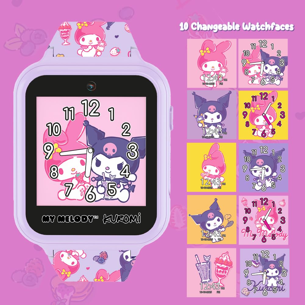 Sanrio My Melody & Kuromi Kids Smartwatch with Touchscreen – Features 10 Interactive Faces, Camera for Selfies, Voice Recorder, Step Counter, 26 Games – Pink Silicone Strap Kids Interactive Fun Watch