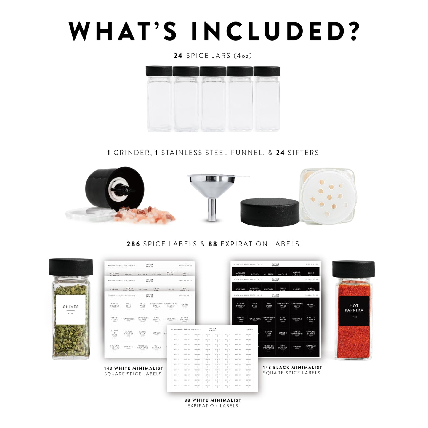 SAVVY & SORTED Glass Spice Jars with Label 24 PK - 4 Oz Spice Containers with 374 Minimalist Preprinted Labels Stickers, Pepper Grinder Funnel Shaker Lids, Empty Seasoning Containers Bottles