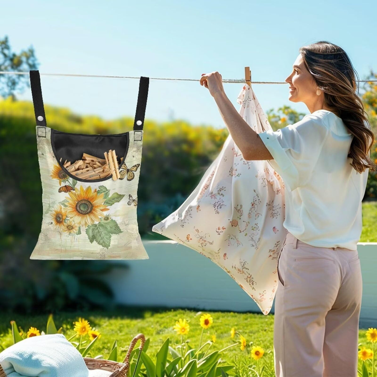 Sunflowers Butterfly Clothespin Bag for Clothesline Outdoor Storage with Hanger Hook