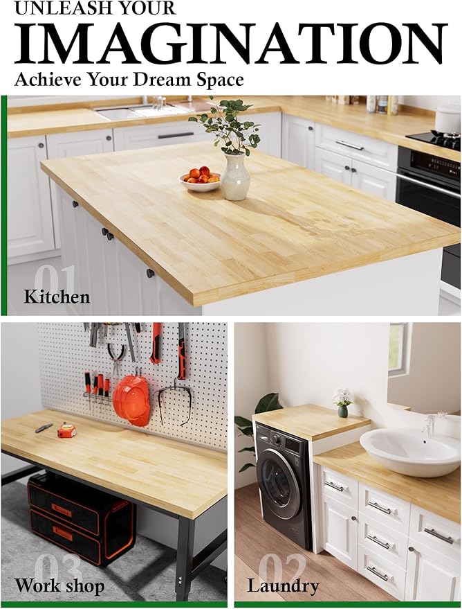 Butcher Block Countertop Birch Solid Wood - 36" x 25" Table Top Butcher Block Cutting Board for Kitchen Island Living Dining Table Office Desk Workbench Laundry Countertop Unfinished 1.5" Th