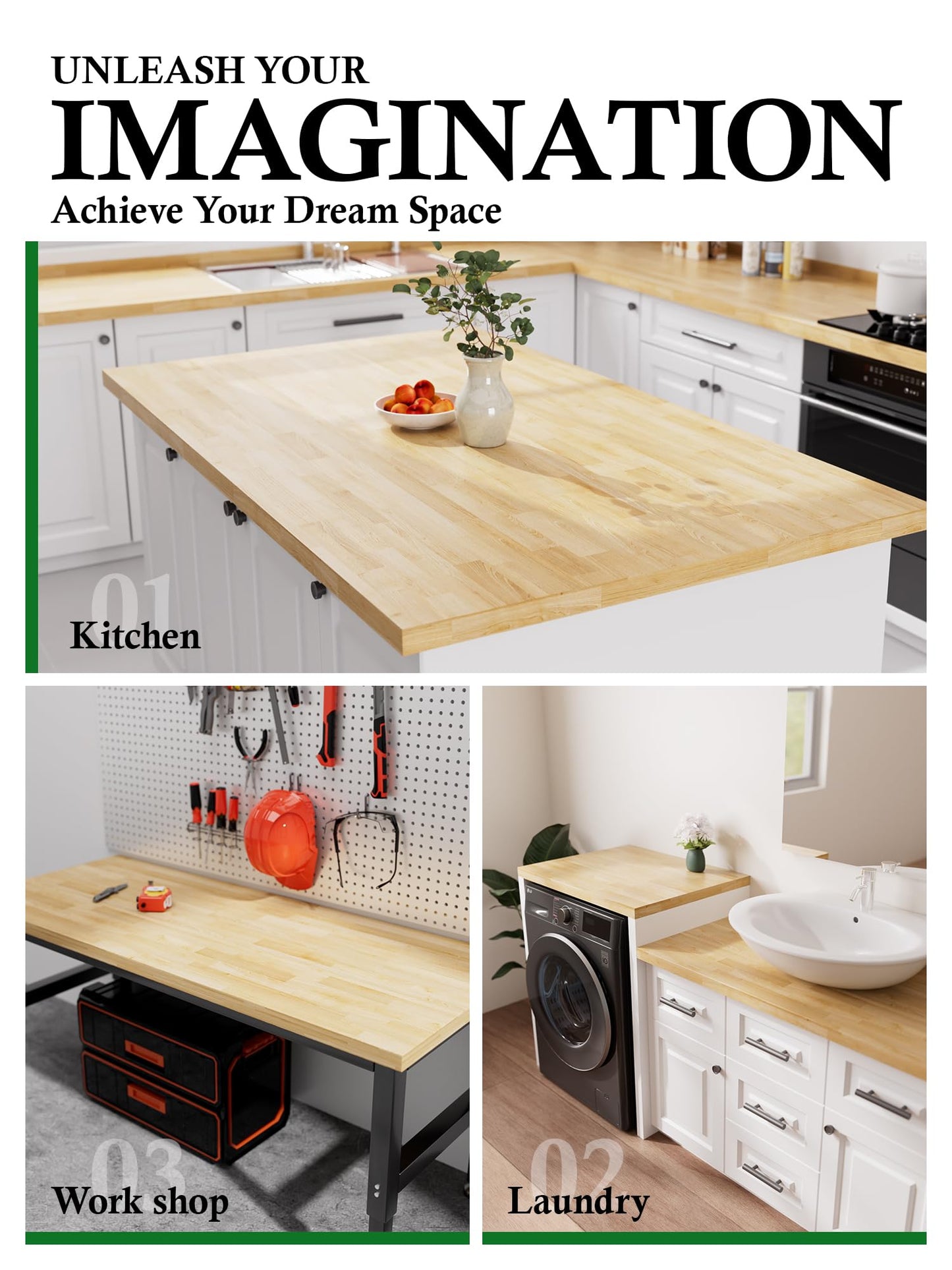 5FT Butcher Block Countertop Birch Solid Wood - 60" x 25" Table Top Butcher Block Cutting Board for Kitchen Island Living Dining Table Office Desk Workbench laundry Countertop Unfinished 1.5" Th