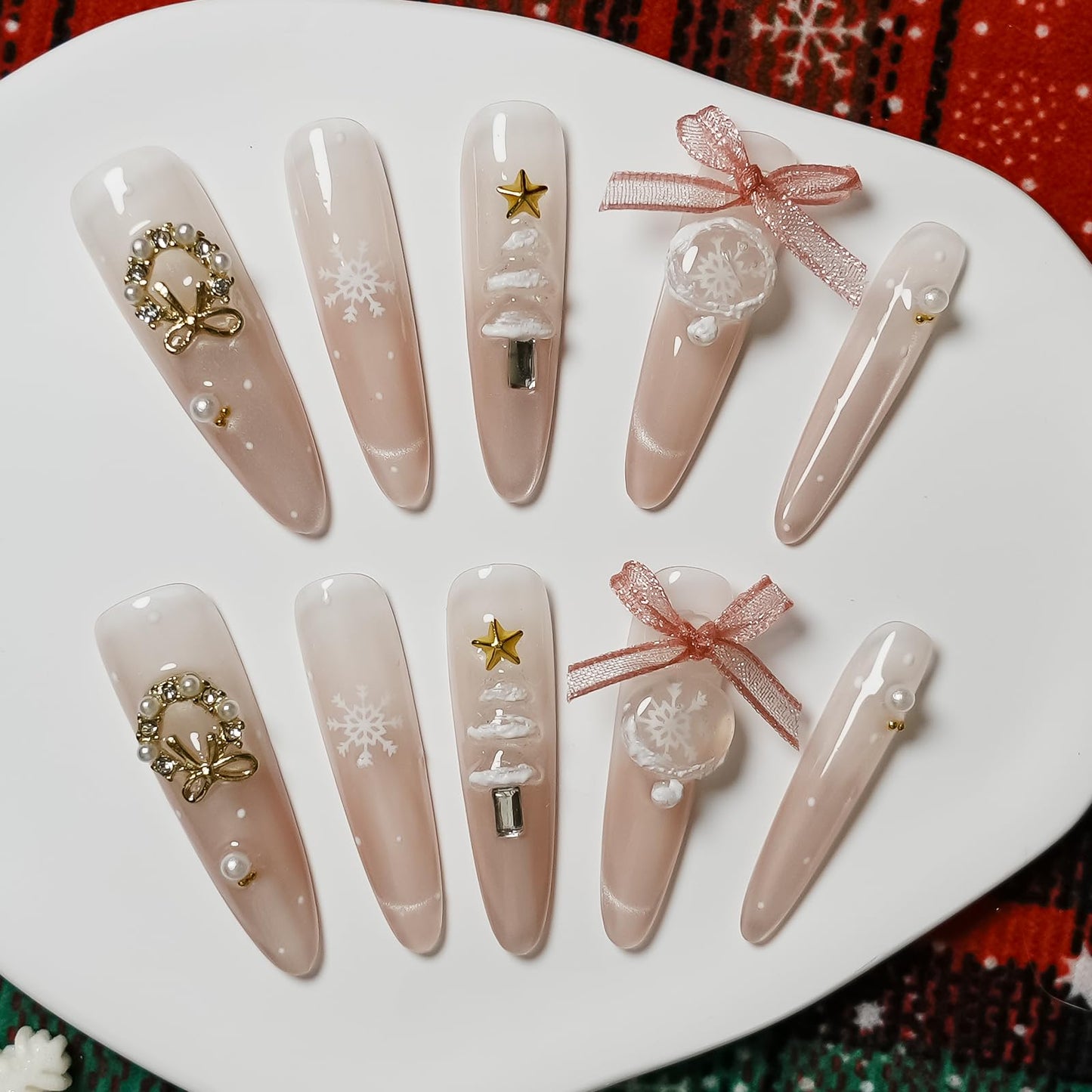 Tesytto Luxury Press On Nails Long Stiletto, Sheer Pink Glitter with 3D Bow & Snowflake, Sparkly Silver French Tip Handmade Glossy Acrylic Nails (Christmas Snow Globe,S)