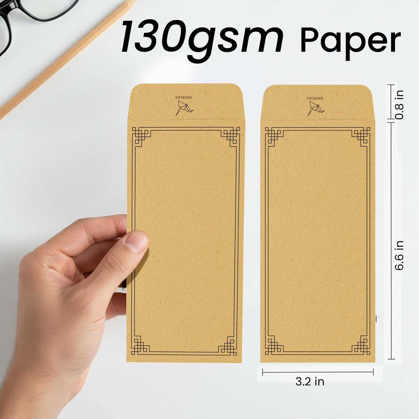 Envelex 100 Pack Brown Cash Envelopes with Black Pen, 3.2" x 6.6" 130 GSM Paper Envelopes with Gummed Flap for Seed Packets, Key Envelopes, Jewelry, Ticket Envelope & Small Parts