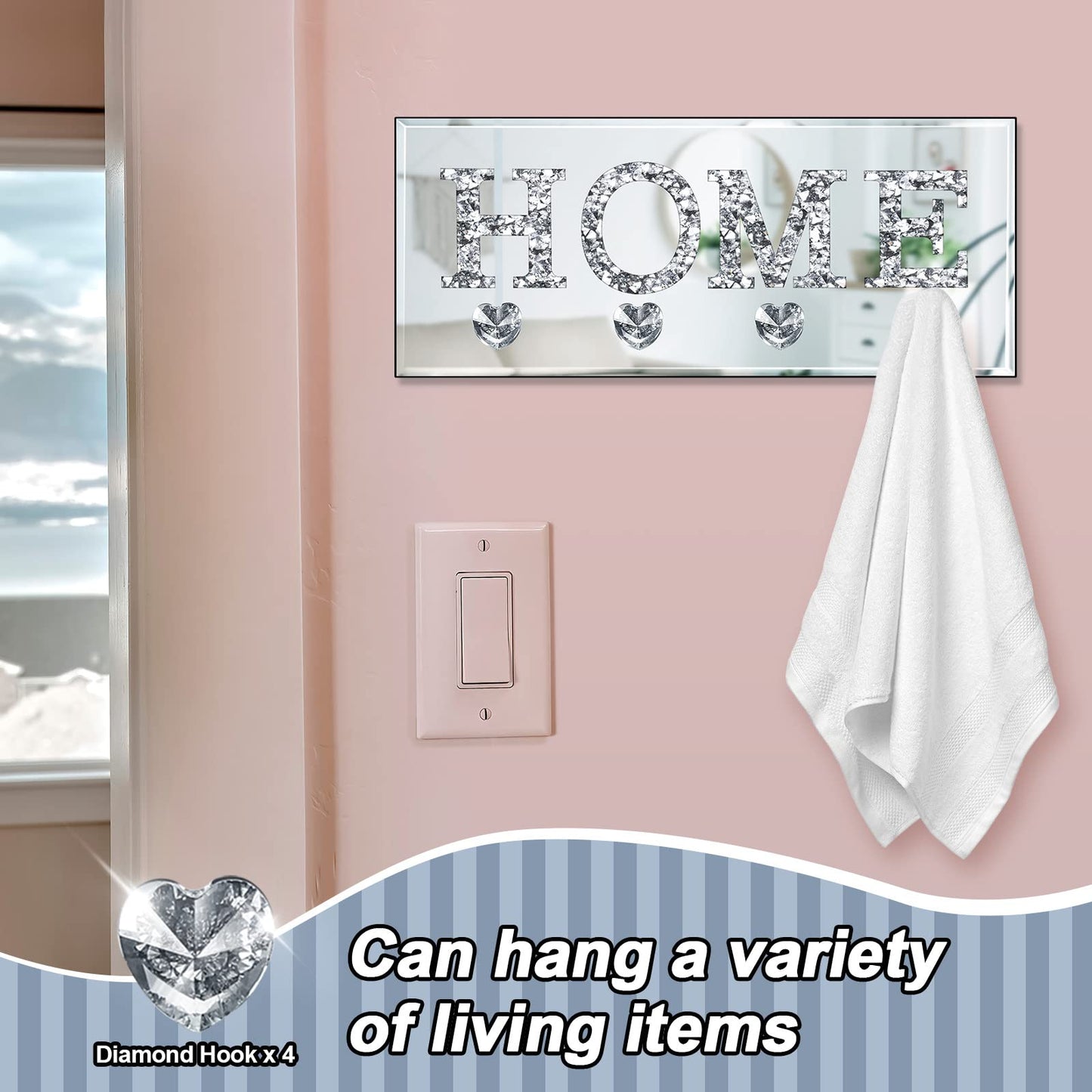 Yalikop Keys Holder on Wall Crush Diamond Mirrored Home Letter Plaque Sign Wall Mounted Clear Heart Shape Hooks Key Hanger Christmas Gift Door Bookshelf Decorative