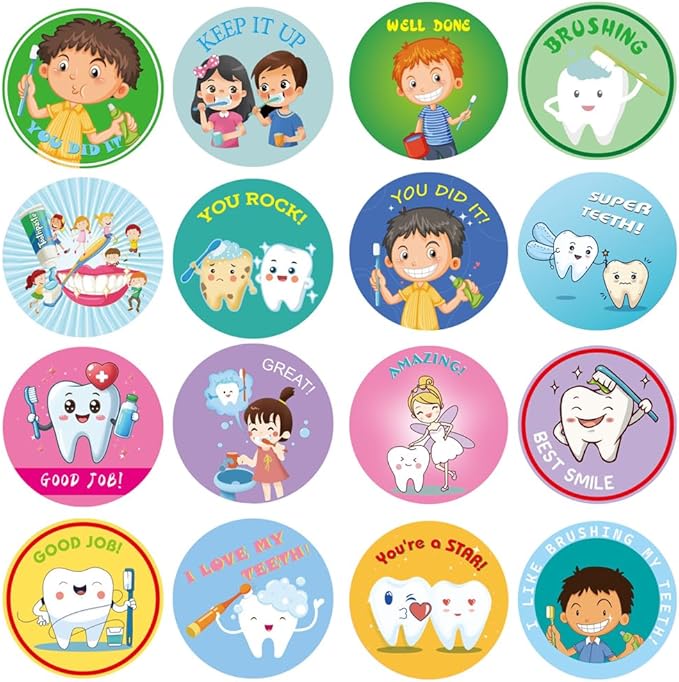 Airgoesin 1000pcs 1.5 inch Tooth Stickers Reward Cute Stickers Dental Reward Gift, Prizes and Giveaways for Teacher Reward School Supplies Incentives Cartoon Party Favor Sticker (16 Styles)