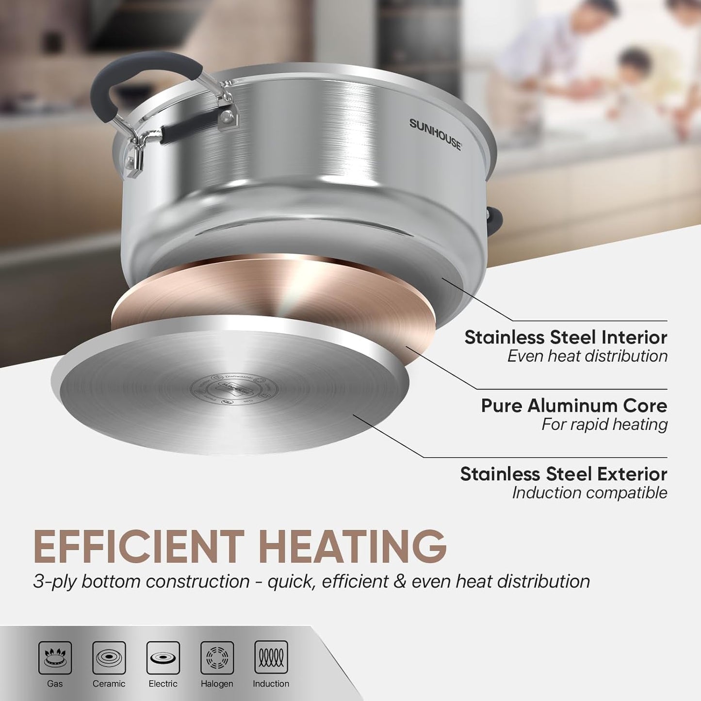 SUNHOUSE - 4.6 Quart Steamer Pots with Lid 2-Tier Multipurpose Stainless Steel Steaming Pot Cookware with Handle for Vegetable, Dumpling, Sauce, Food - Triple Bottom, Measurement Line