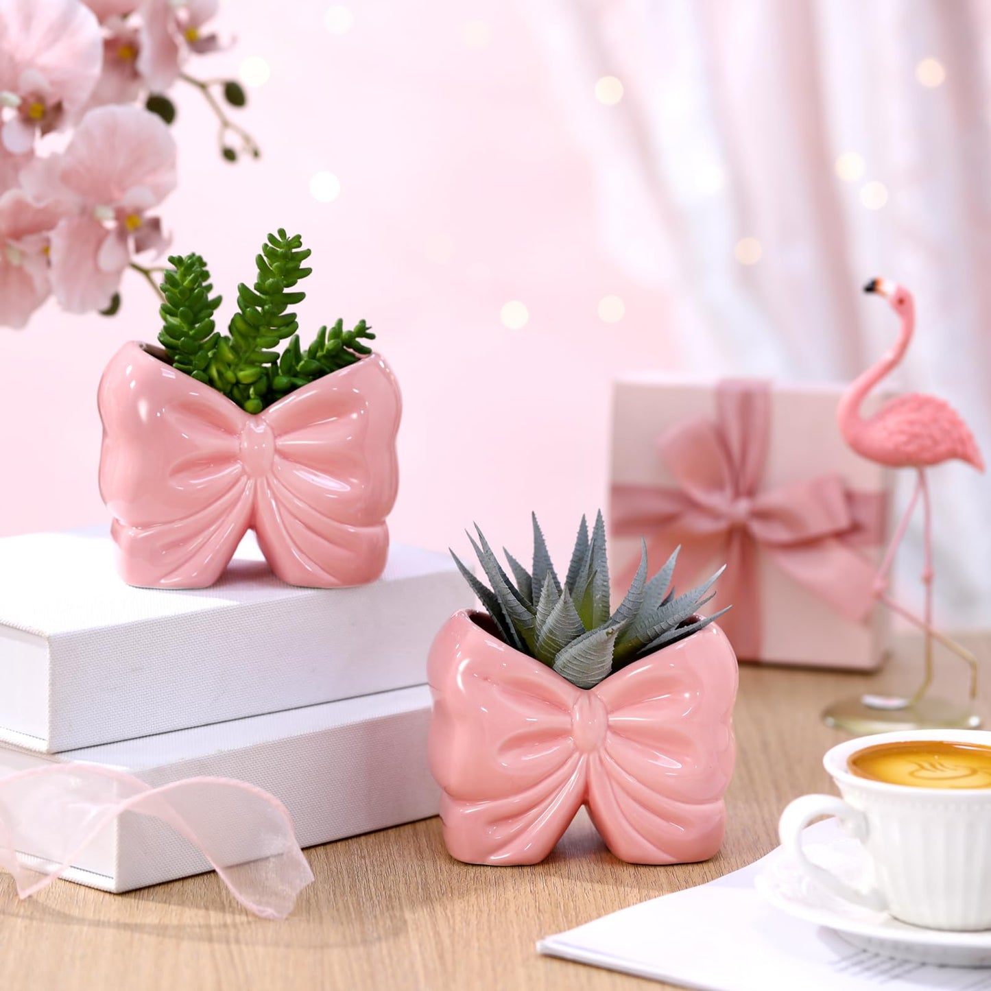 2 Pcs Coquette Bow Succulent Pots with Drainage Pink Bowtie Ceramic Planter Pots Plants Holder Bowtie Shaped Cactus Flower Container for Home and Office Desk Display Coquette Party Decoration