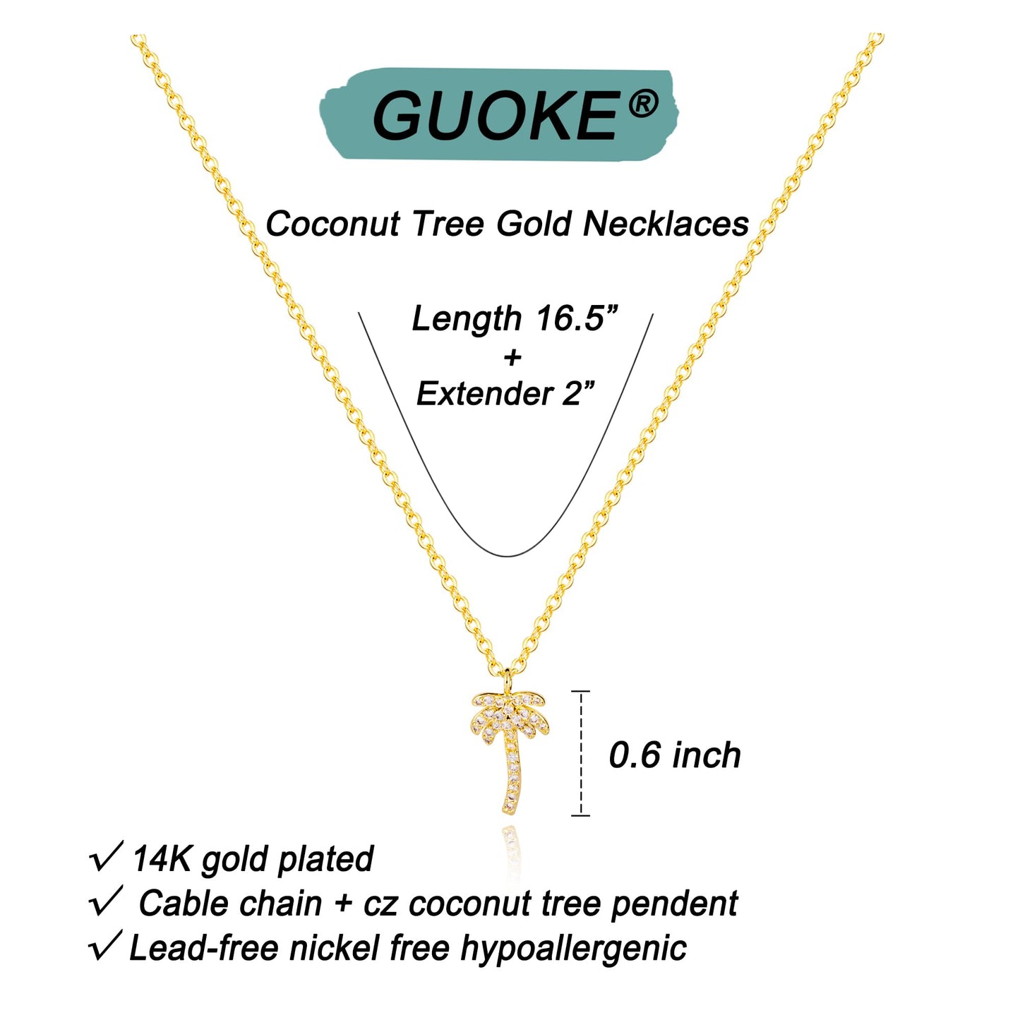 GUOKE Palm Tree Necklace - 14K Gold Plated Dainty Gold Necklace Simple Jewelry for Women