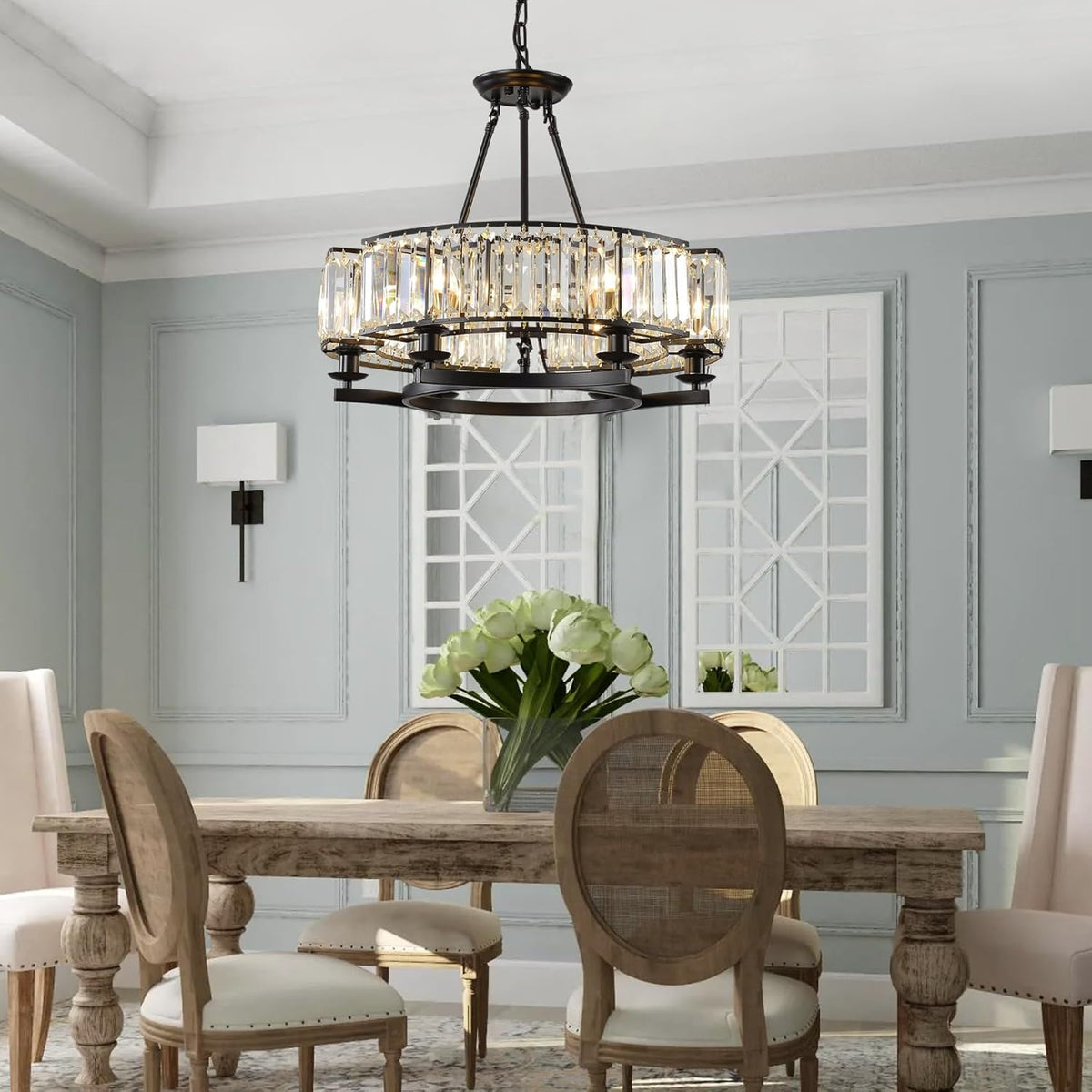 Vintage Crystal Chandelier Black 6 Lights Hanging Ceiling Light Fixture Iron Frame Pendant Lighting for Farmhouse Decoration Dining Table Living Room