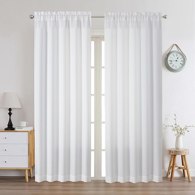 Chyhomenyc White Curtains 90 Inch Length 2 Panels Set, Faux Linen Textured Semi Light Filtering Soft Airy Farmhouse Window Curtain Drapes for Living Room Bedroom, 50Wx90L