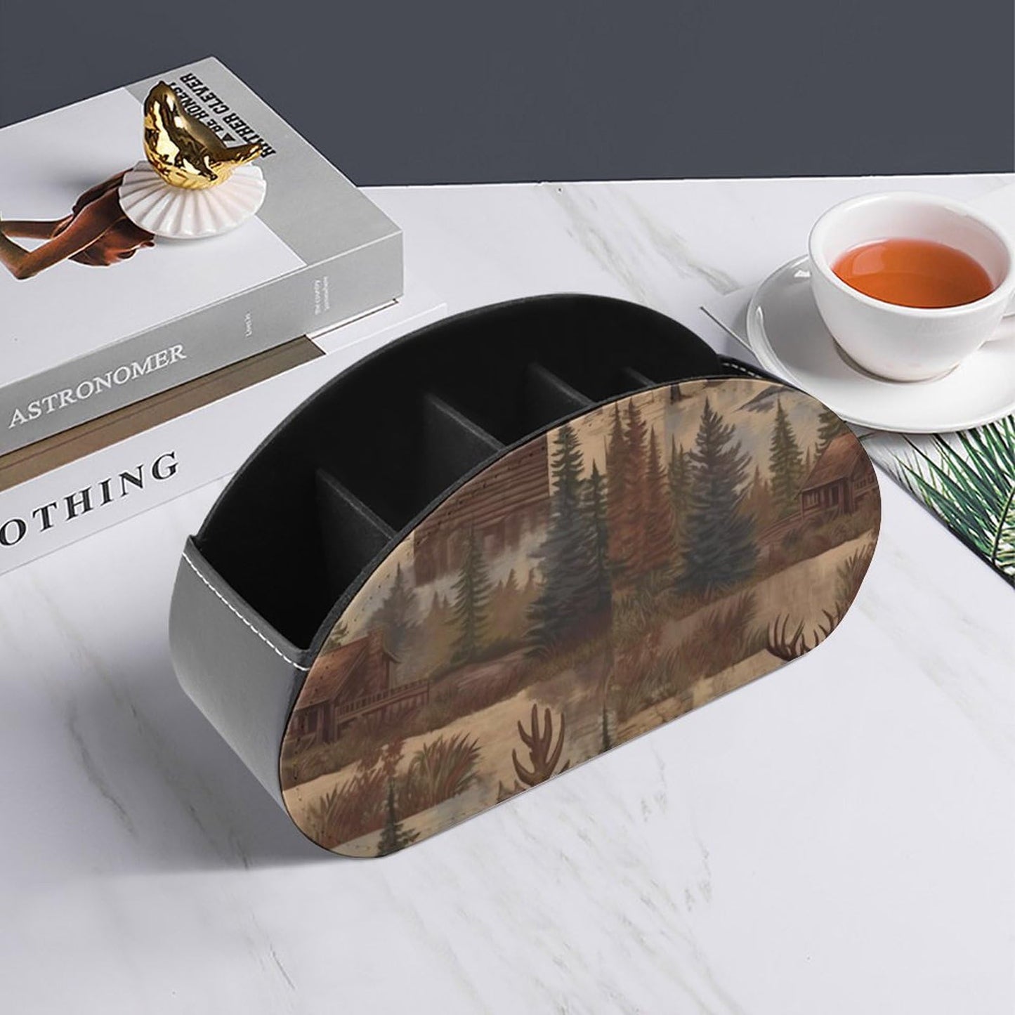 DWVSFJM Rustic Lodge Bear Moose Remote Control Holder Desk Storage Organizer Box PU Leather Remote Caddy with 5 Compartments Fashionable Pen Storage Box Modern Desktop Organizer