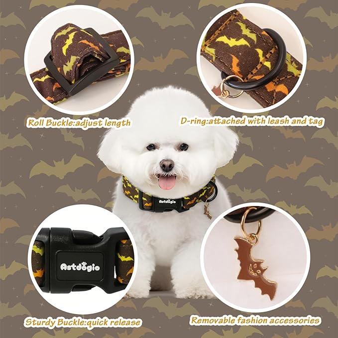 Astdogio Fall Dog Collar, Halloween Dog Collars for Extra Small Dogs, Cotton Puppy Collar with Bat Pattern, Pet Collar for Small Medium Large Dogs, Girl Boy Dogs Collar with Quick Release Buckle-XS