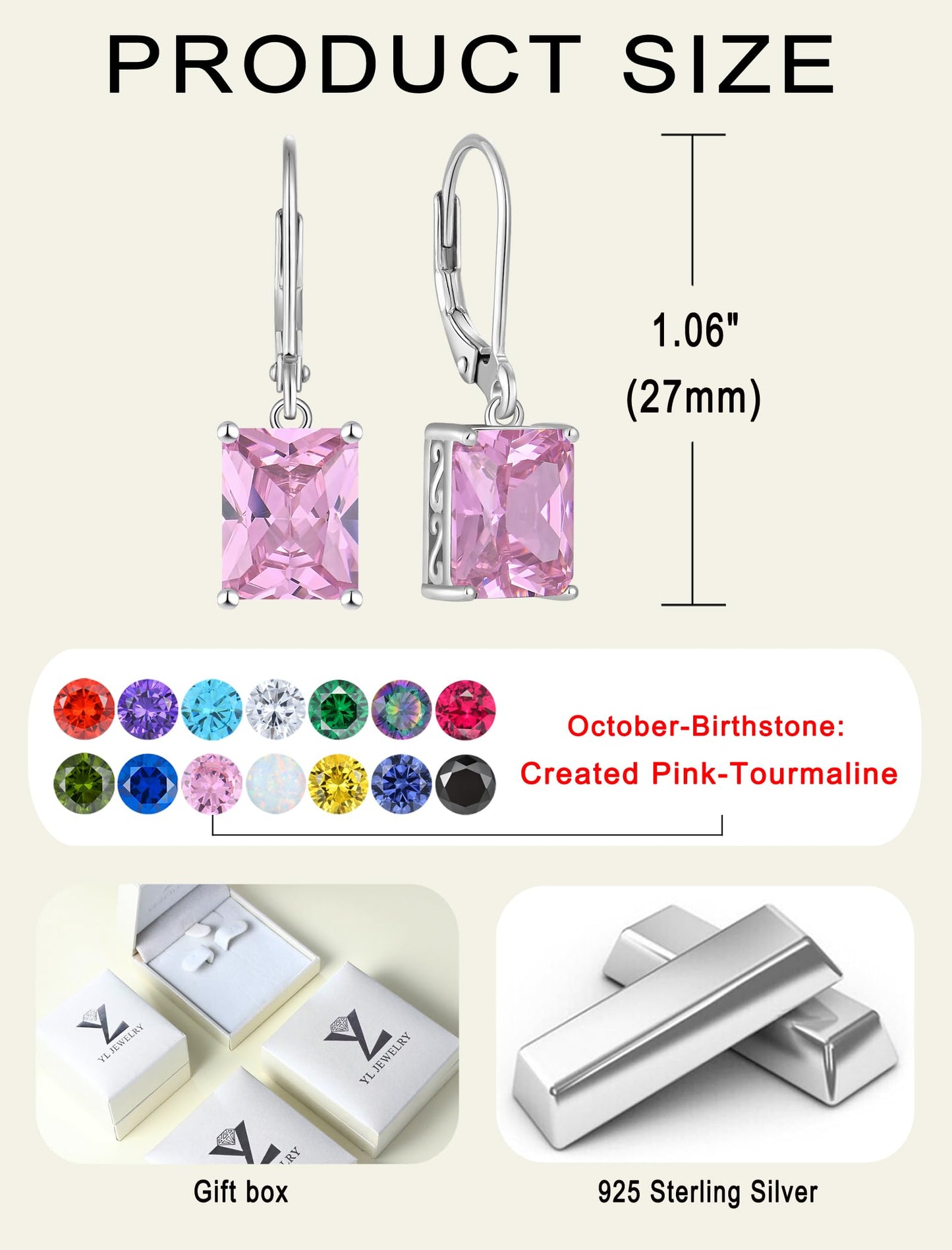 YL Solitaire Dangle Drop Earrings 925 Sterling Silver Leverback Earrings 8X10MM Square Created Pink Tourmaline Jewelry