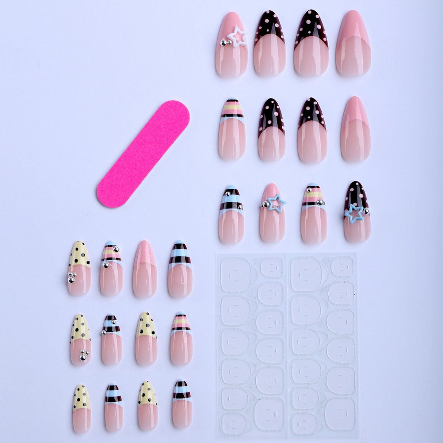 octoswave Long Almond Press-on Nails Y2K Star Charms French Tip False Nails for Women Party 24Pcs