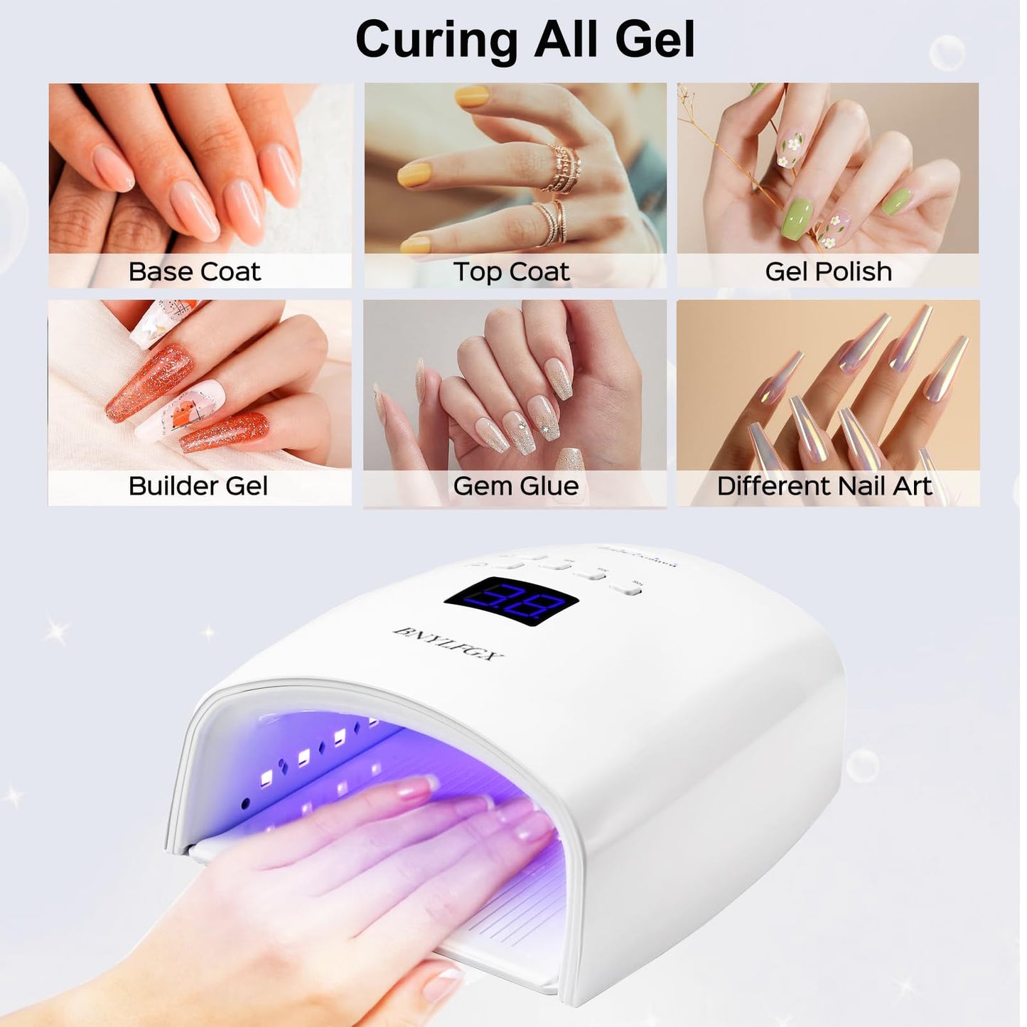 BNYLFGX UV Light for Nails, Cordless UV Nail Lamp for Gel Nails 66W, Rechargeable LED Nail Dryer with 5 Timer Setting Auto Sensor Fast Nail Light Curing Lamp for Salon & Home, White