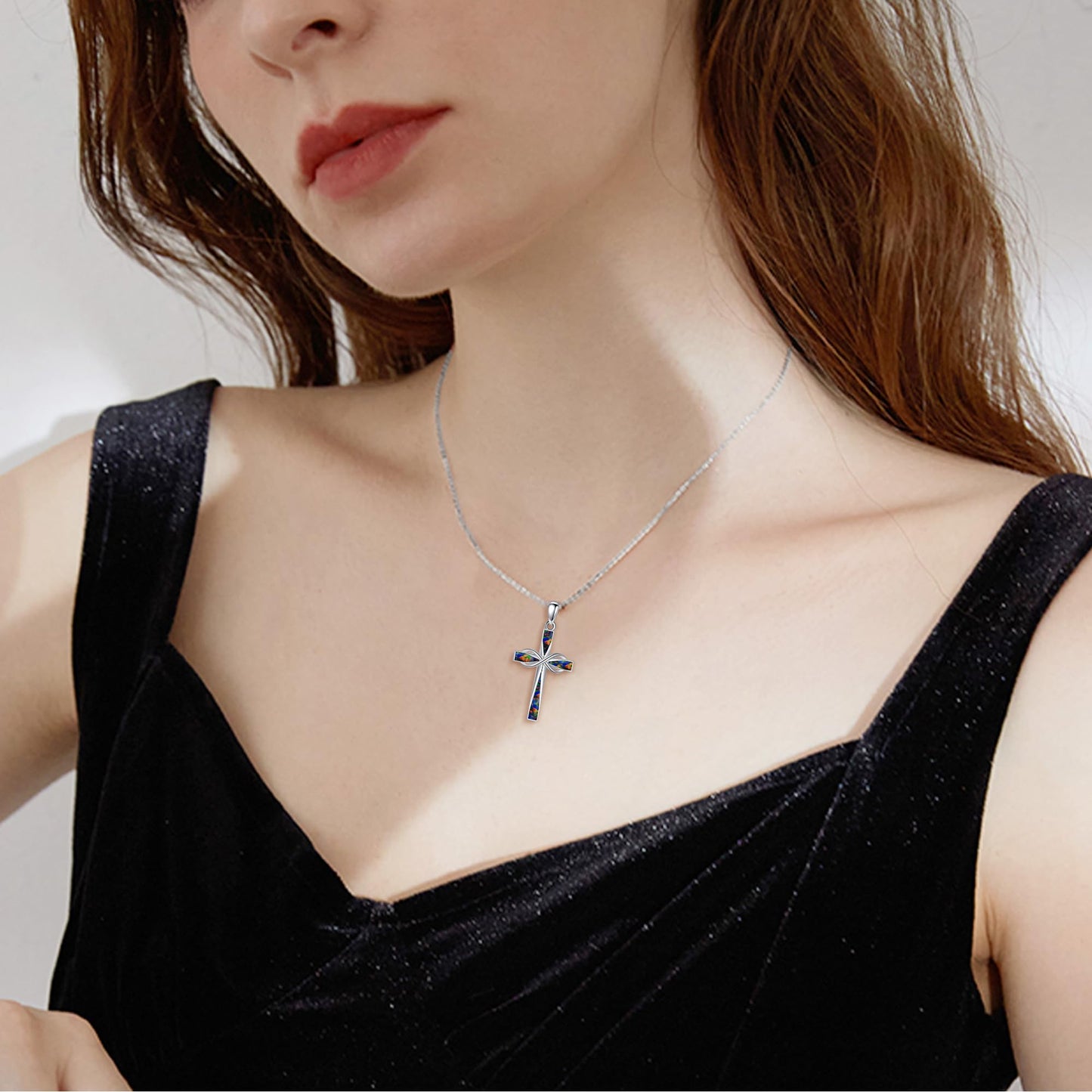 ONEFINITY Infinity Cross Necklace 925 Sterling Silver Black Fire Opal Pendant Necklace Cross Jewelry Gifts for Women Men