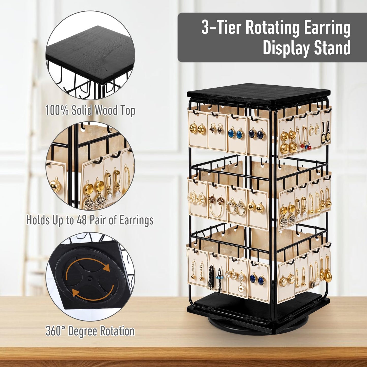 360 Rotating Earring Display Holder Stand for Vendors Events Selling, Large Capacity 48 Hooks Jewelry Display Rack with Wooden Base for Earring Card Sales, Necklaces, Enhances Retail Visibility
