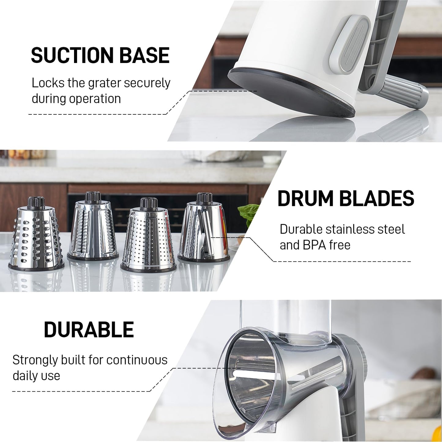VEKAYA Rotary Cheese Grater Hand Crank with 4 Interchangeable Stainless Steel Blades, Large Manual Handle Shredder and Waffle Slicer for Vegetables, Cheese and Nuts with Table Suction Base(White Grey)