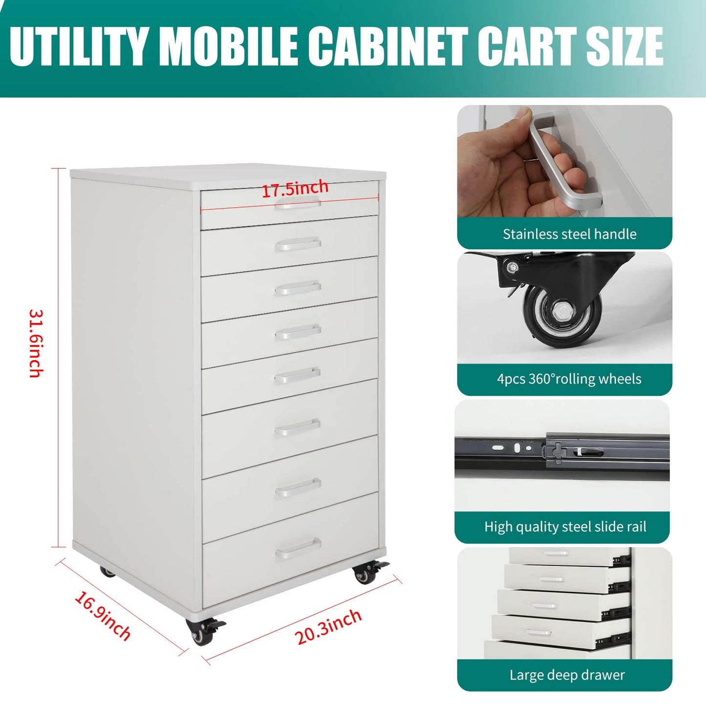 Medical Dental Assistant's Mobile Cabinet Alabama Cart Utility Cart 7 Drawer with Handle, Easy to Pull Out and Push Back. White