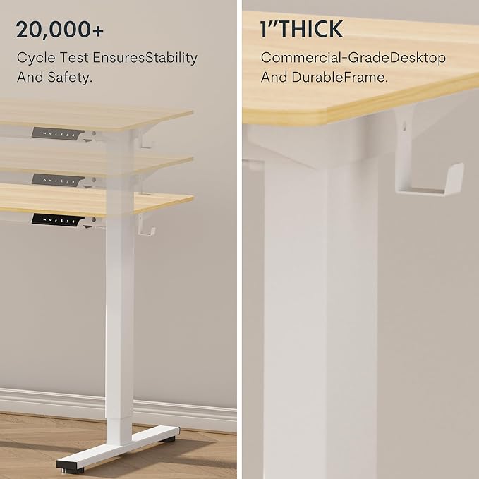 FLEXISPOT EN1 One-Piece Standing Desk, 60x24 Inches Large Electric Height Adjustable Sit Stand up Desk for Home Office (White Frame + Maple Desktop, 2 Packages)