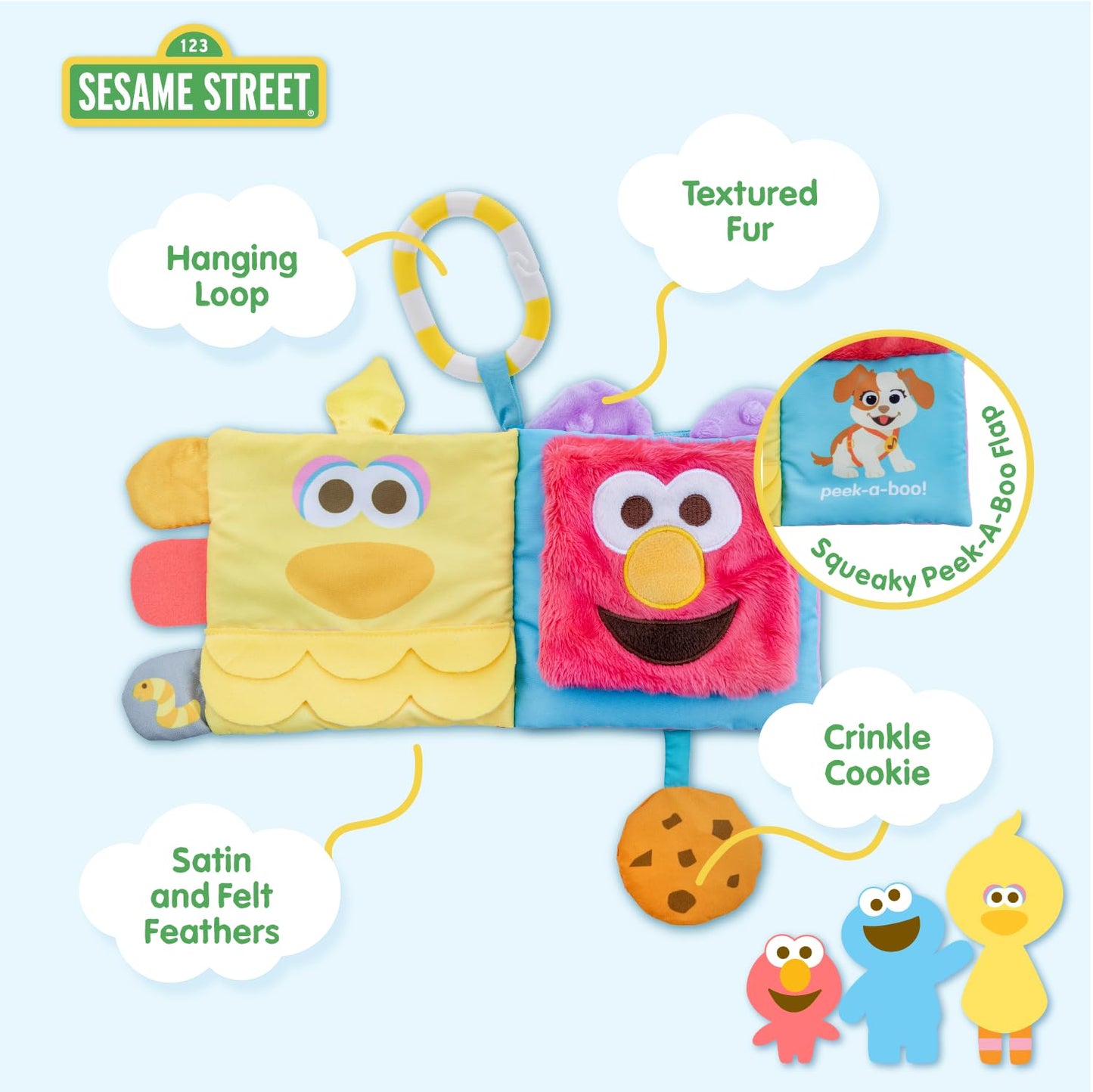 Kids Preferred Sesame Street Soft Book Featuring Your Favorite Characters with Sensory Materials and Multiple Tabs to Keep Baby Engaged – 11 Inches – Surface Washable
