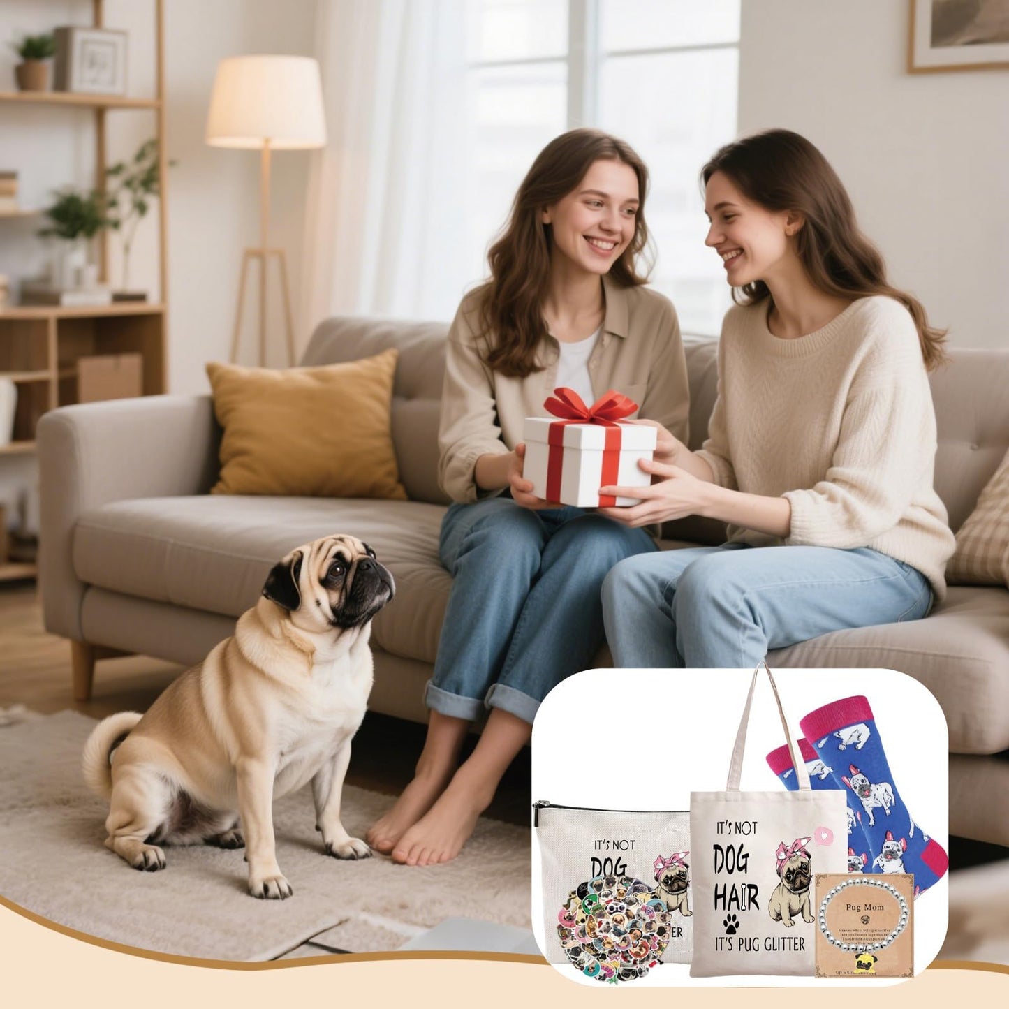 HIGHTERTON Pug Gifts for Women, 5pcs Gift Set for Dog Lovers With Reusable Bag, 50 Stickers, Ideal for Dog Moms and Pet Lovers