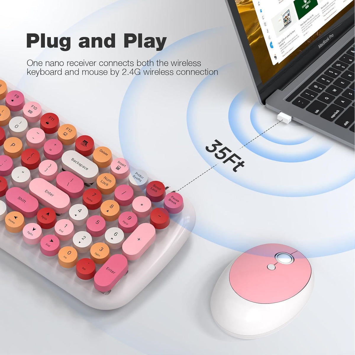KNOWSQT Wireless Keyboard and Mouse Combo, White Mixed 100 Keys 2.4 GHz Round Keycap Typewriter Keyboards, USB Receiver Plug and Play, for Windows, PC, Laptop, Computer, Desktop