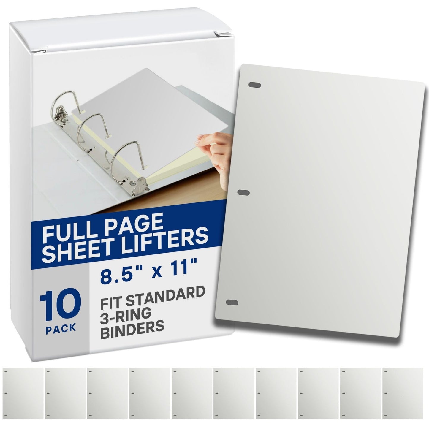 Full Page Flat Sheet Lifters, Letter Size 11 X 8.5 Inch, 3-Hole Binder Separators 4-1/4" Hole Spacing, Natural White (10 Pack)