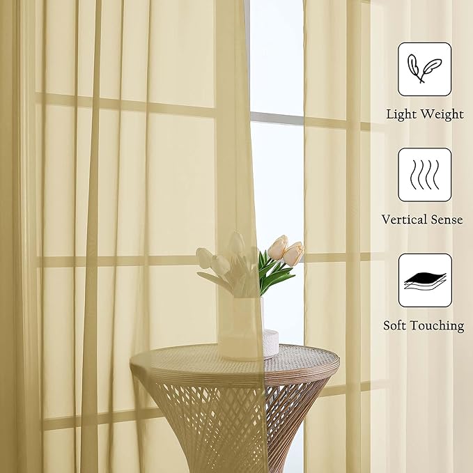 Lecloud Gold Sheer Curtains 96 Inches Long 2 Panels Set, Home Decor Light Filtering Airy Solid Color Drapes, Dual Rod Pocket Living Room Curtains for Bedroom Dining Room, Each Panel 59" W x 96" L