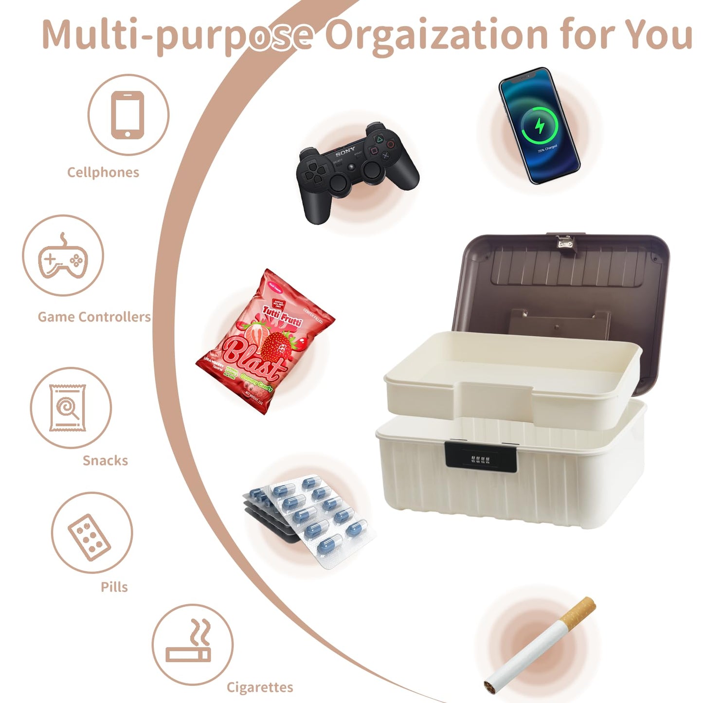 Lock Storage Box - Medicine Secure First Aid Organizer Box Safe with Combination Code for Cash Money Key Phone Snack Home Fridge Office Travel Storage Gifts - Brown - Small