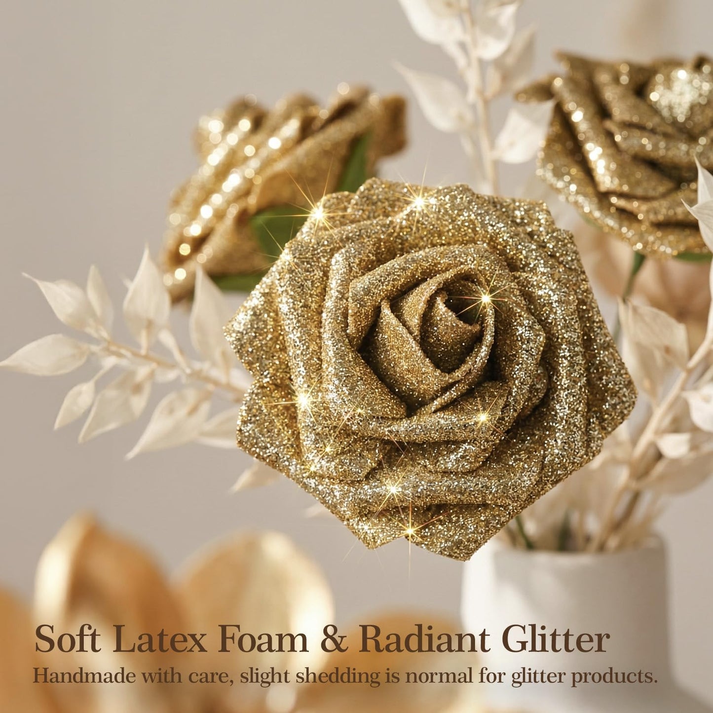 MACTING 30PCS Artificial Flowers Real Touch Foam Roses with Stem Fake Glitter Flowers for DIY Wedding Bouquet Table Centerpieces Party Holiday Wreath Home Graduation Decorations,Gold