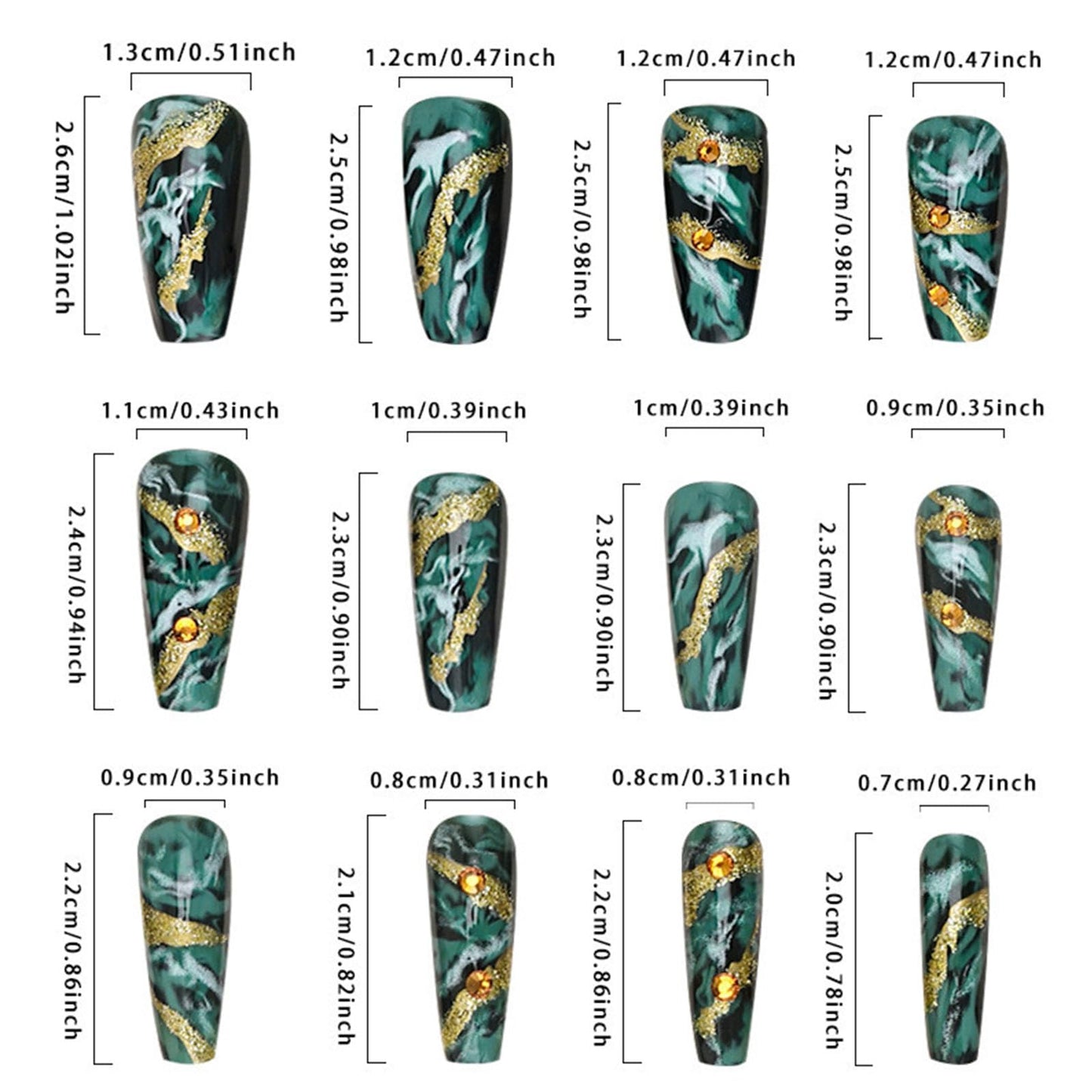 Medium Press on Nails Coffin Fake Nails with Golden Glitter Lines Rhinestones Designs Glossy Nails Press ons Green Gradient Glue on Nails Acrylic Artificial Stick on Nails for Women 24Pcs